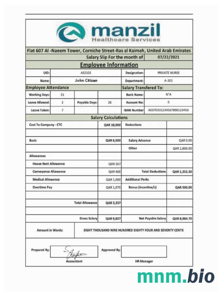 UAE MANZIL healthcare Services Pension slip w formatach Word i PDF